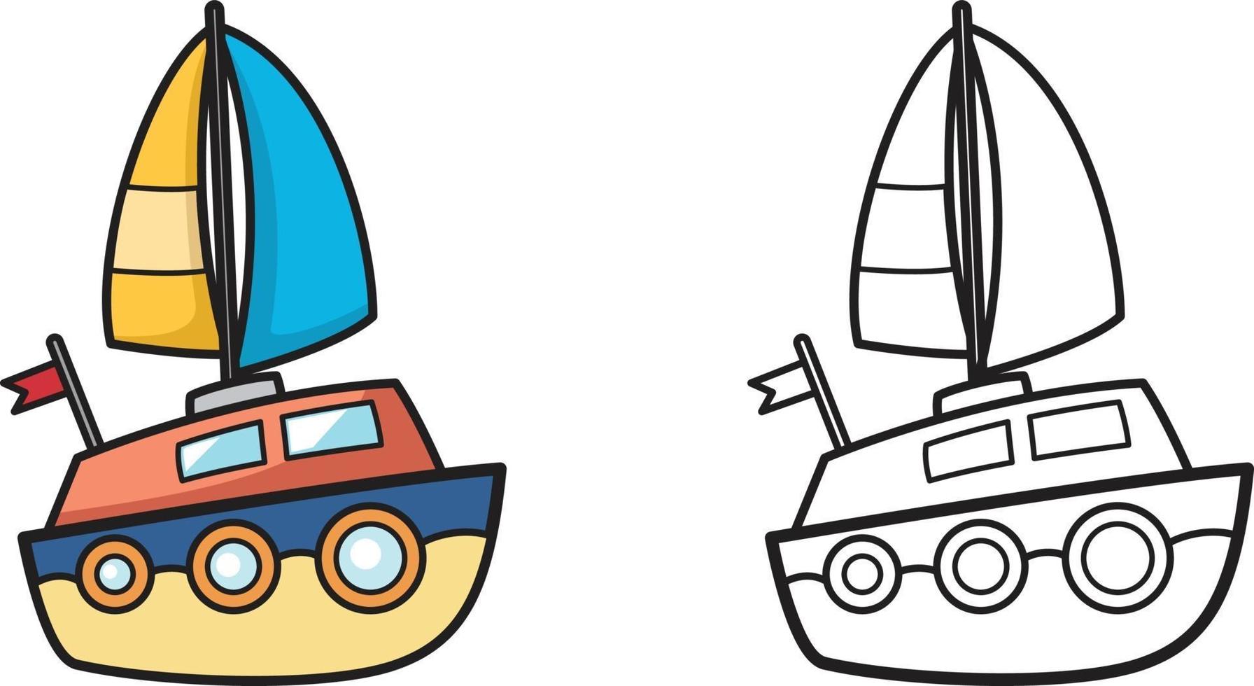 colorful and black and white yacht for coloring book vector