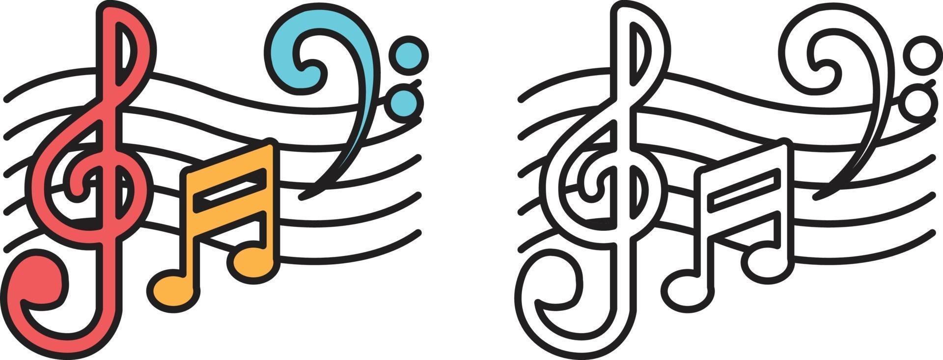 notas musicales coloridas y en blanco y negro para colorear libro vector