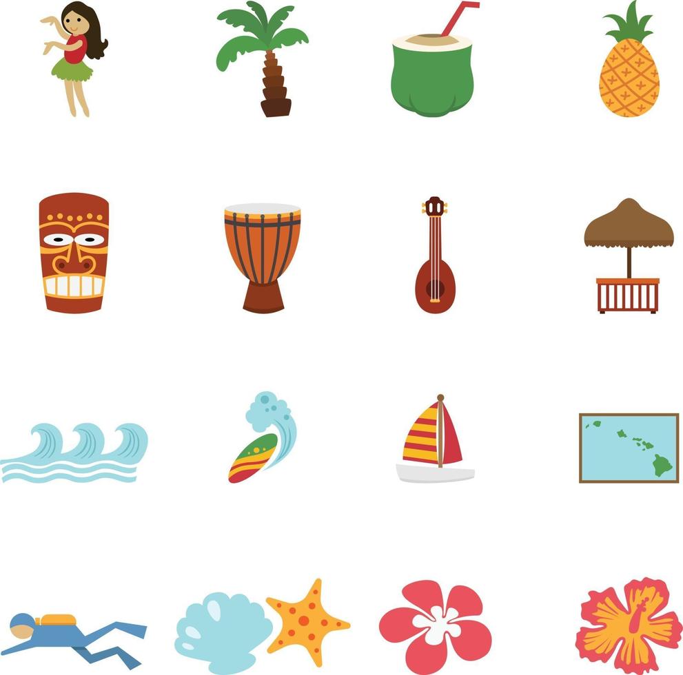 iconos tropicales de la isla y la playa de hawaii vector