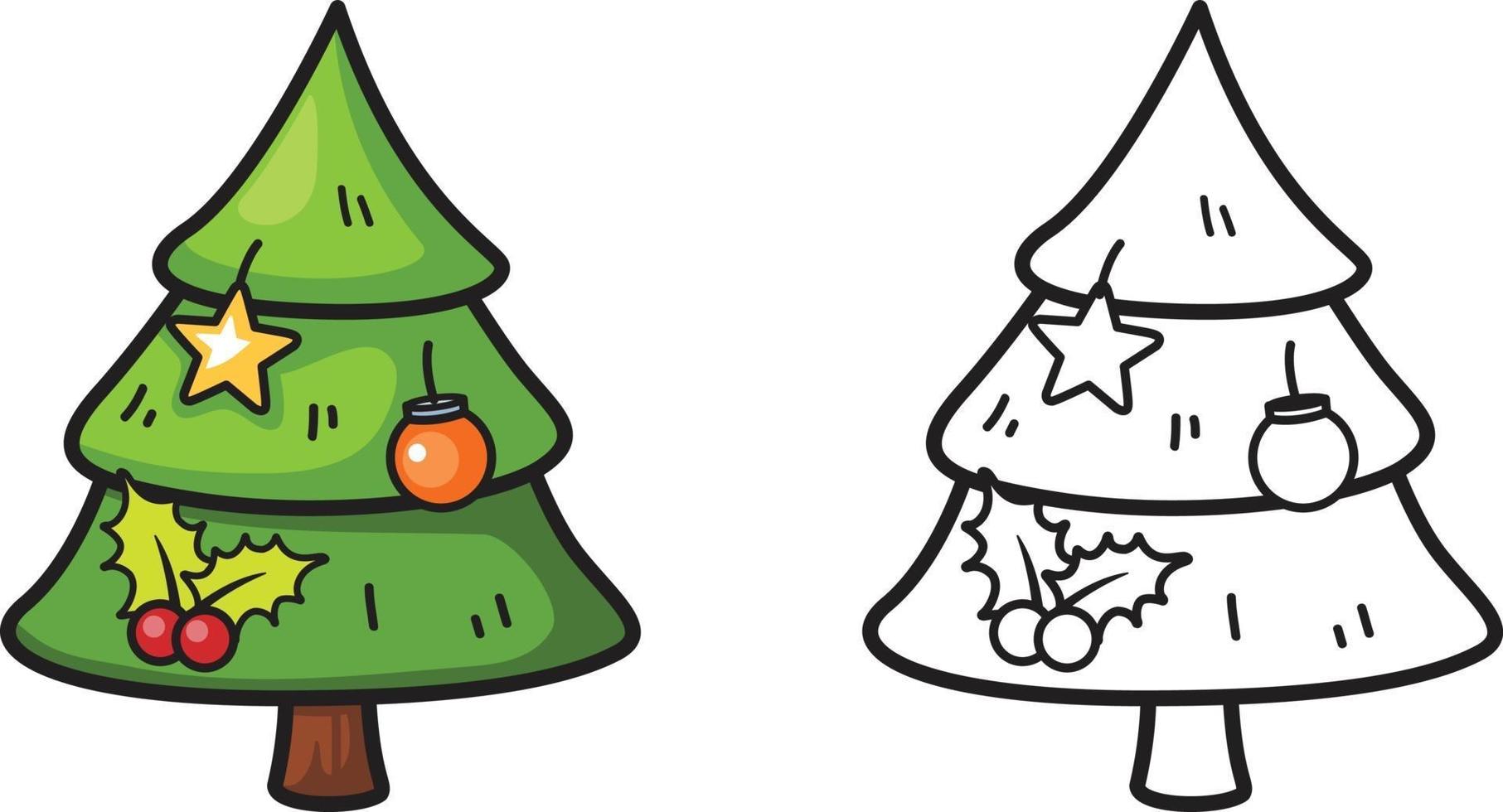 colorful and black and white x-mas tree for coloring book vector