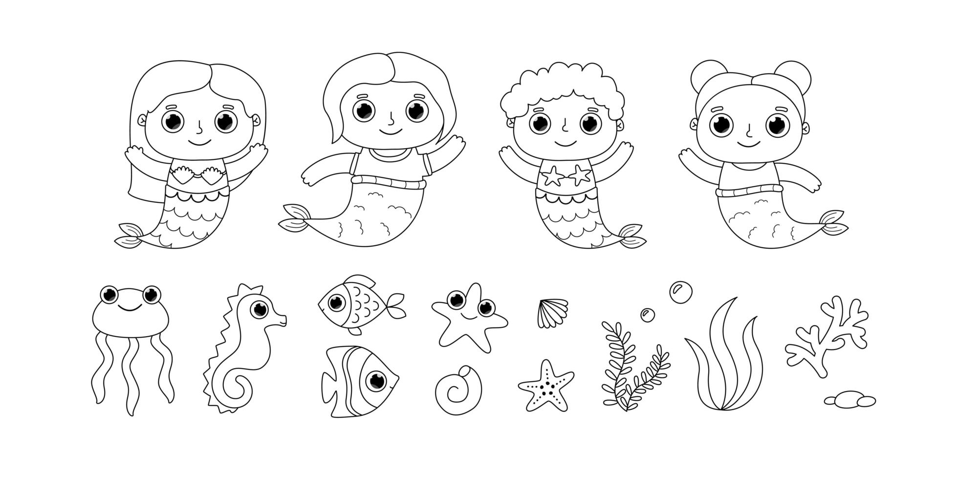 Little mermaid fish and jellyfish colouring page vector