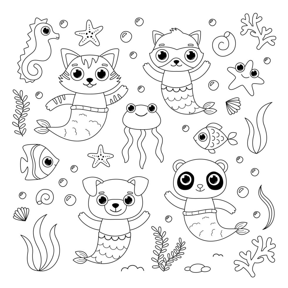 colouring page mermaid set cute animals with big eyes 3135435 Vector