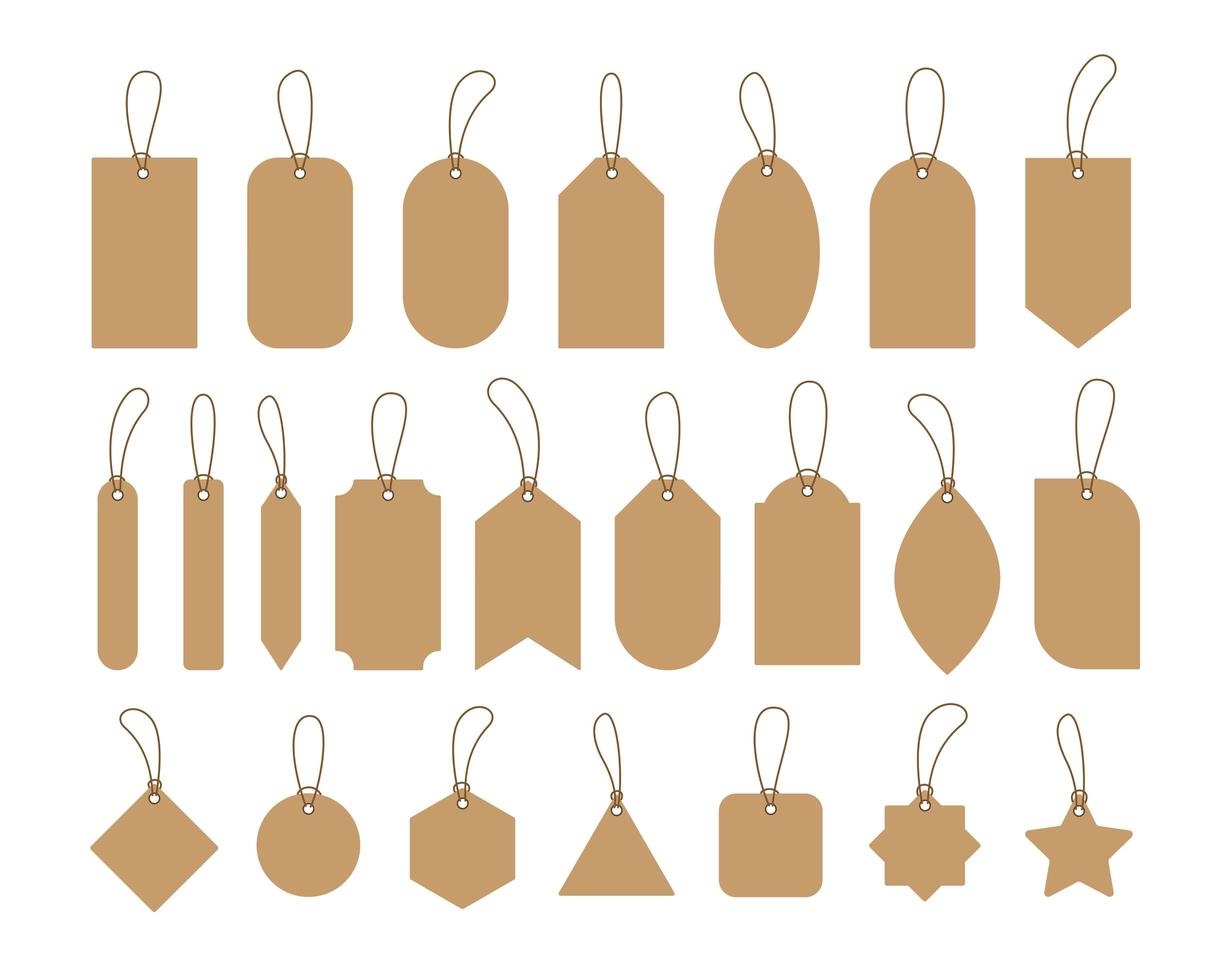 Set blank craft paper price tags and labels with strings. vector