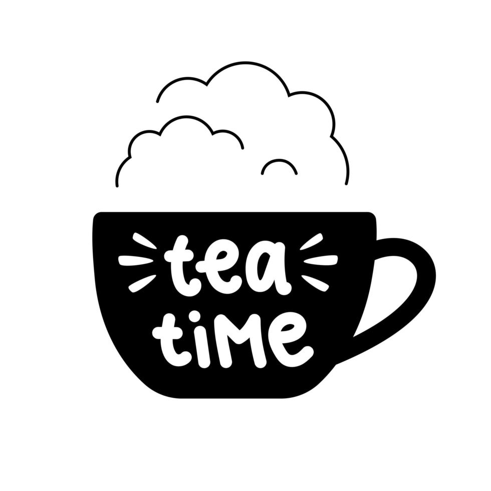 poner letras a la hora del té en una taza con vapor. para logo, cafe vector