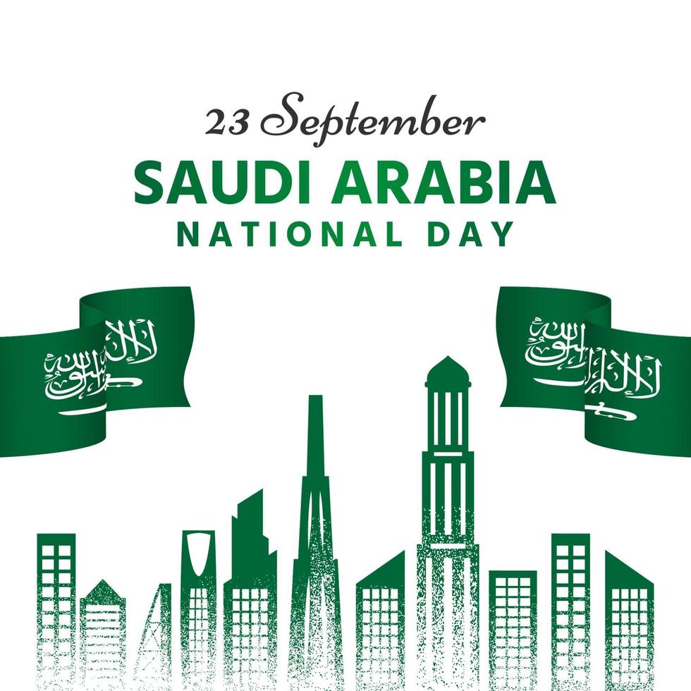 día nacional de arabia saudita verde y edificios circundantes con banderas vector