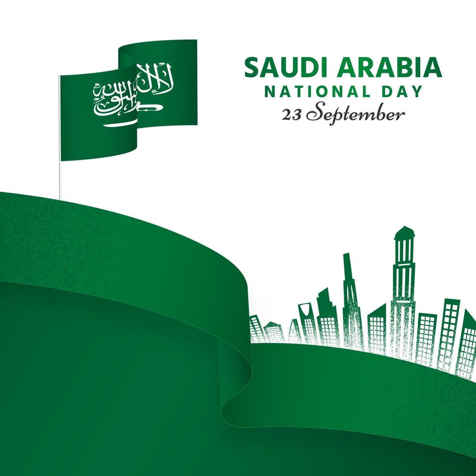 Green saudi arabia national day with buildings covered ribbons vector