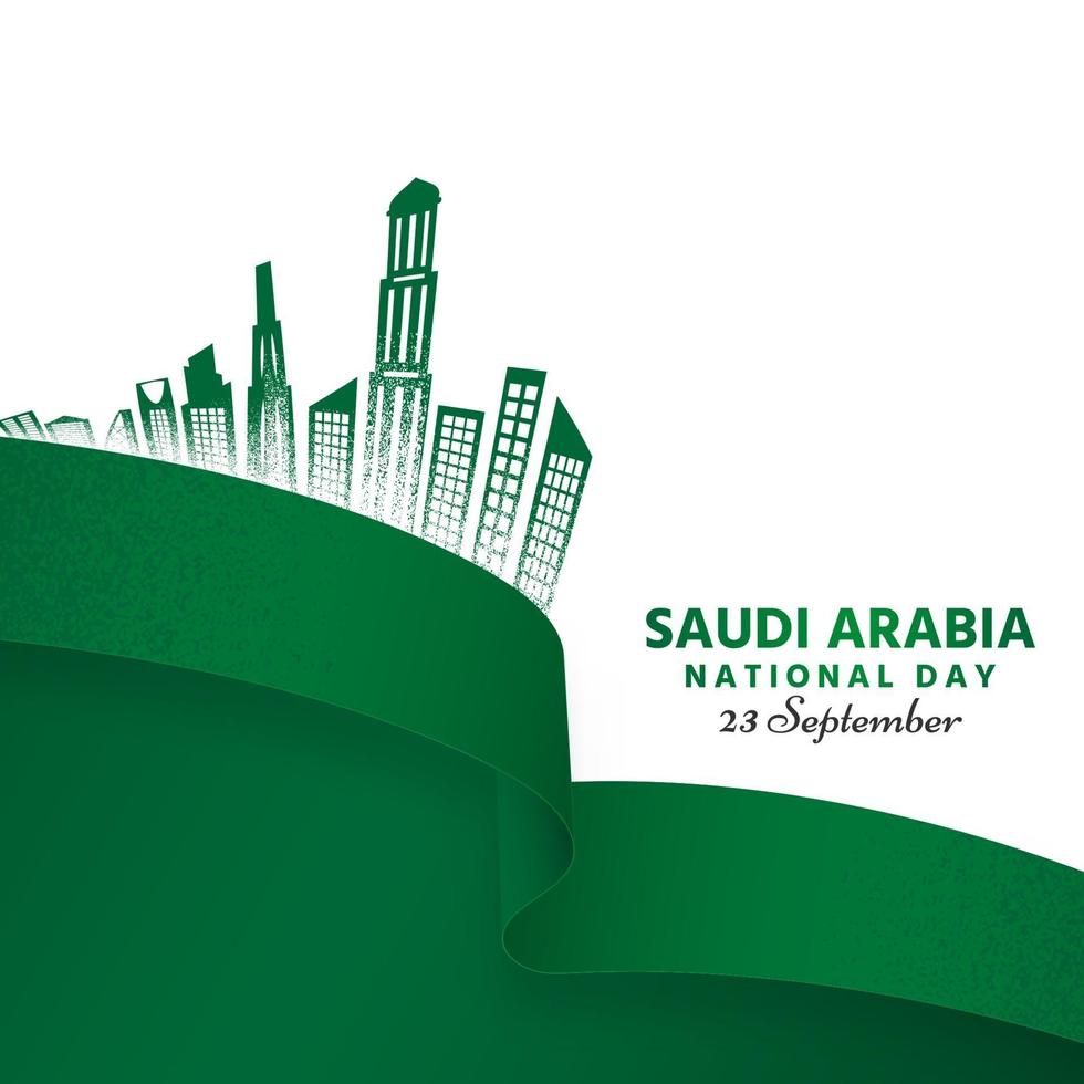 día nacional de arabia saudita verde y edificios cubiertos con cintas vector