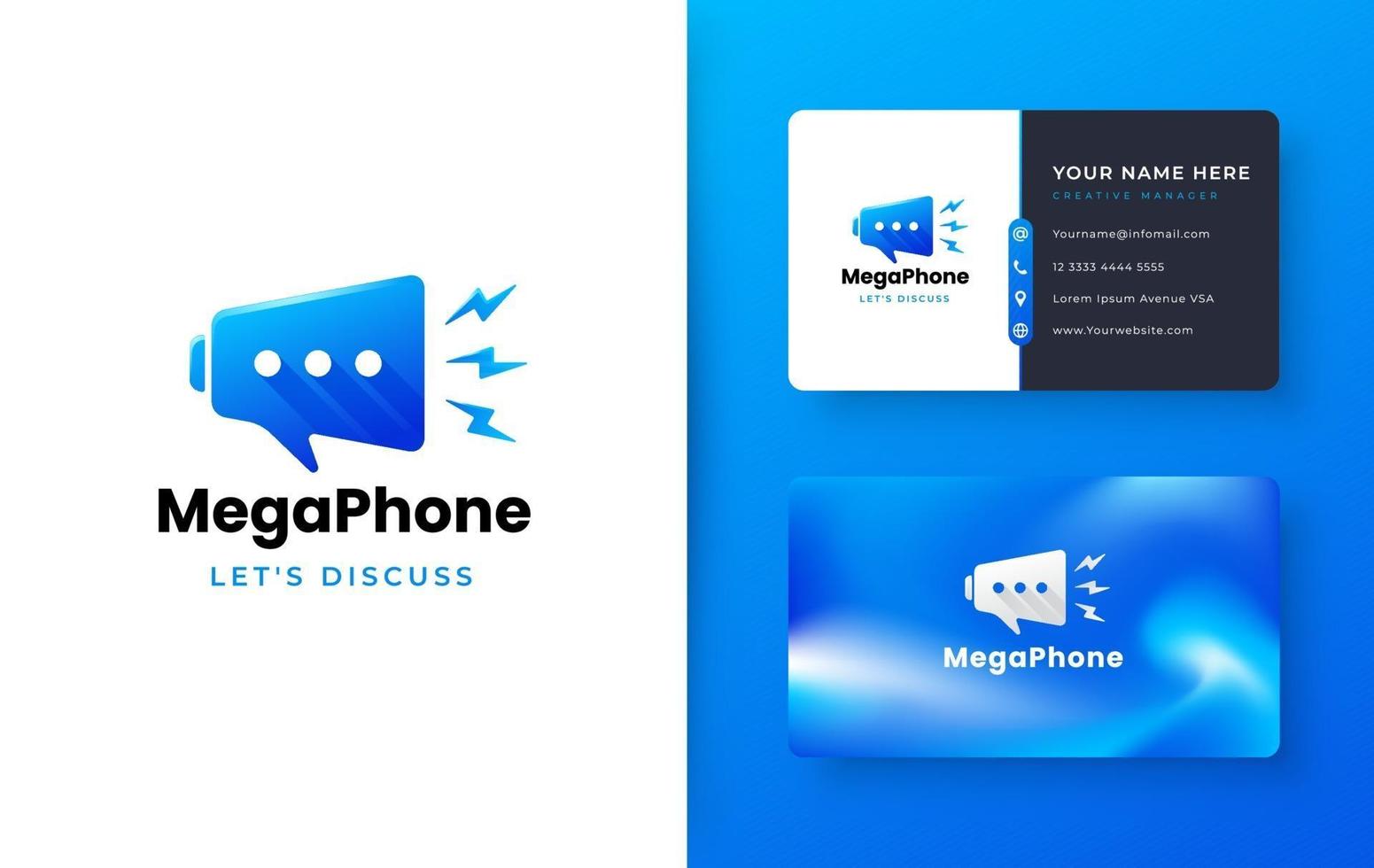 megaphone chat logo with gradient business card vector