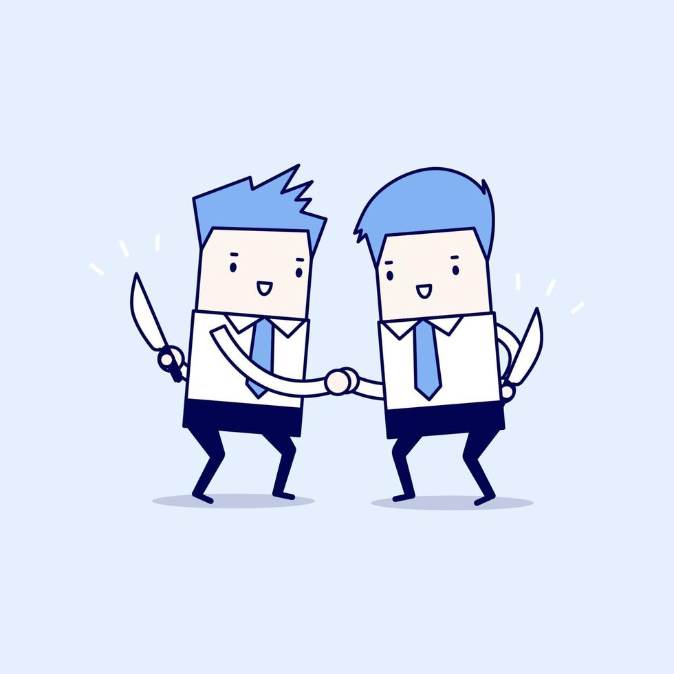 Businessman handshaking rivals with weapons behind. vector