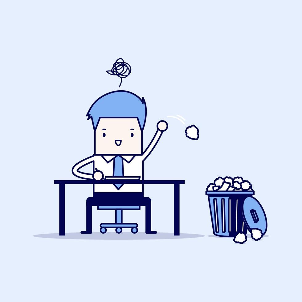Businessman have no idea and throwing crumpled paper to trash. vector