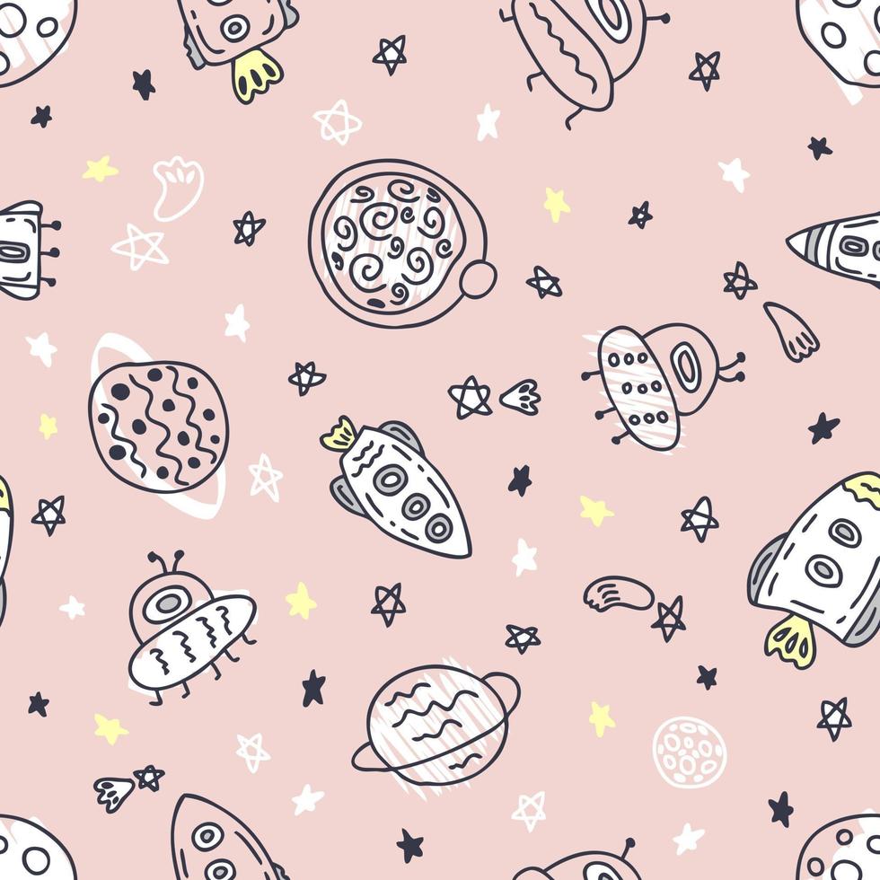 Tender seamless pattern of rockets and planets in space vector