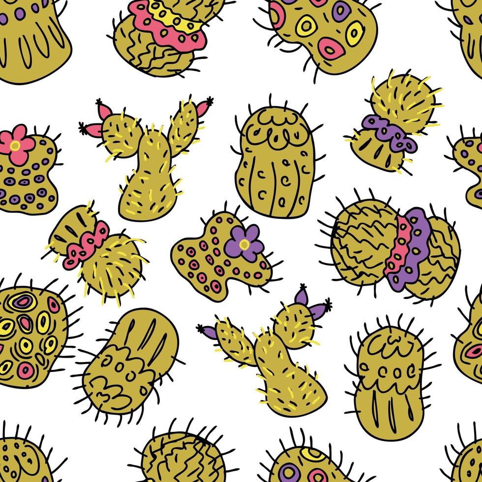 Hand drawn vector seamless pattern of bright green cacti