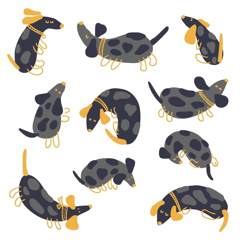 Hand drawn vector collection of playing spotted dachshunds