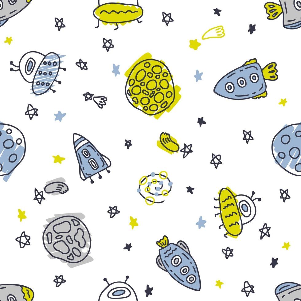 Hand drawing seamless pattern of rockets and planets in space vector