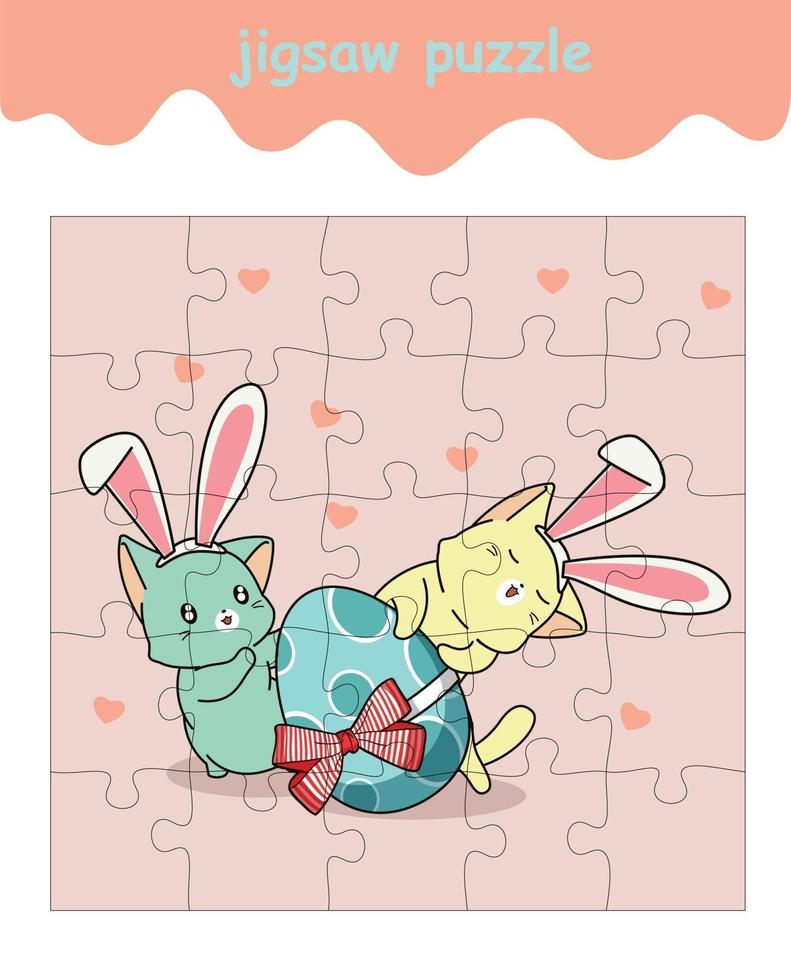 jigsaw puzzle game of 2 bunny cats with big egg vector