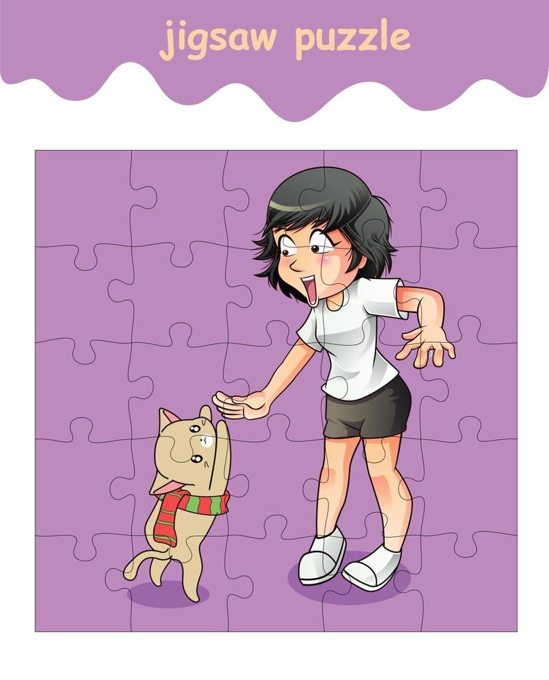 jigsaw puzzle game of girl and cute cat vector