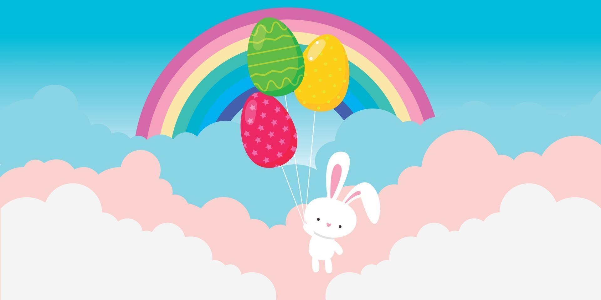 Easter bunny flying with balloons on cloudy sky background vector