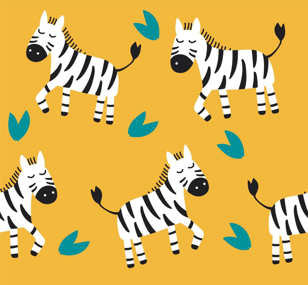 Pattern with cute zebras on yellow background. Kids vector