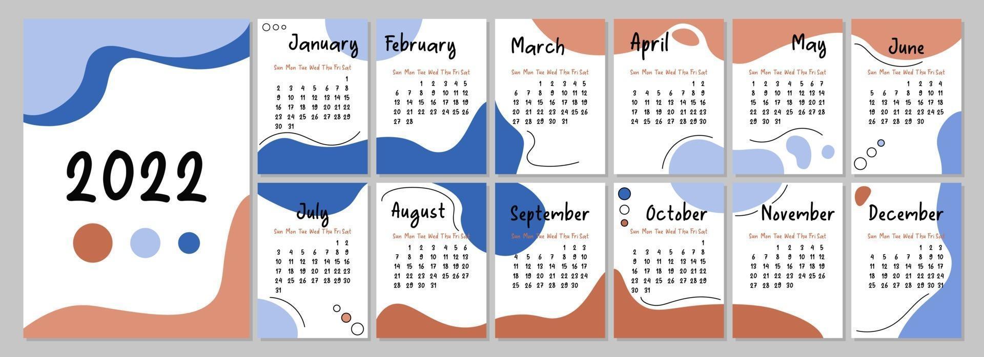 Calendar 2022. Abstract design, smooth shapes. Week starts on Sunday. vector