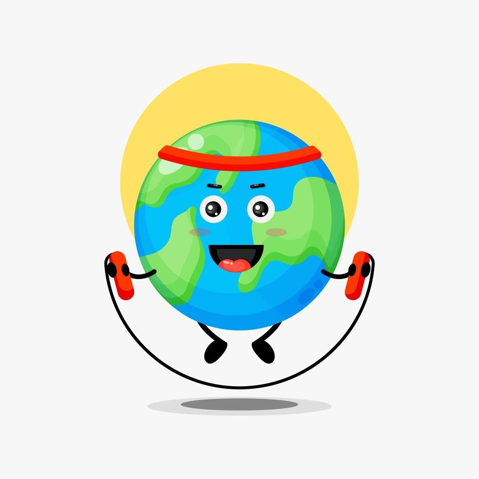 Cute earth character doing jumping rope vector