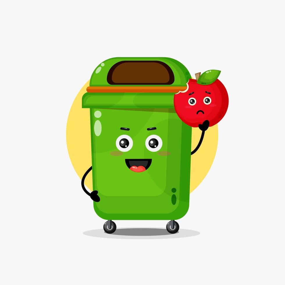 Cute trash can character carrying red apple vector