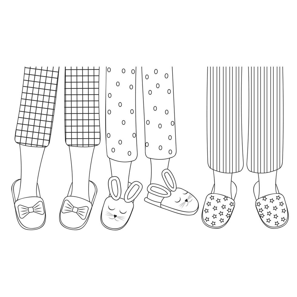 piernas de niñas en pijama y zapatillas, contorno negro vector