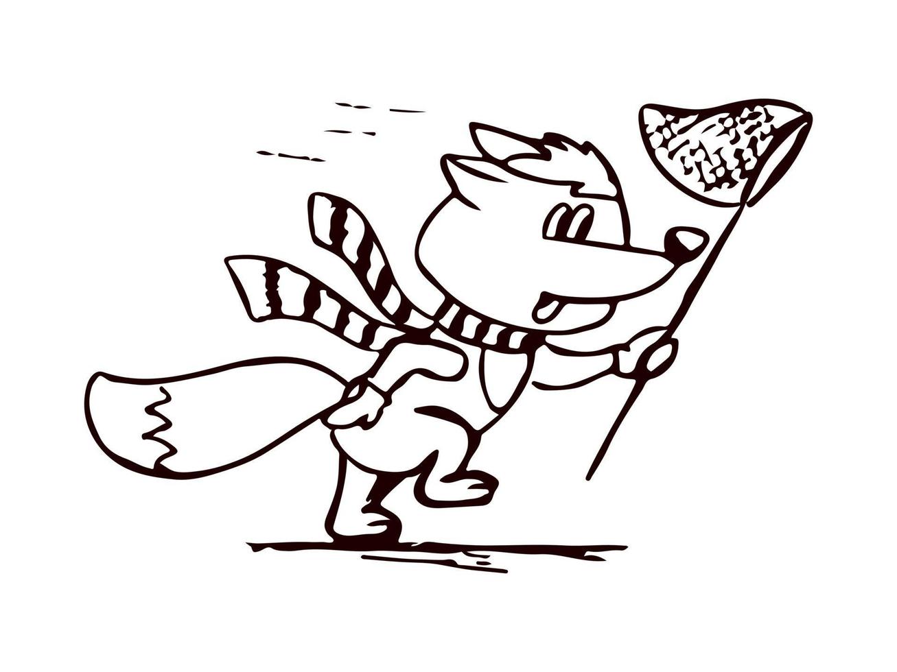 Cute fox character runs with a butterfly net in his hand. vector