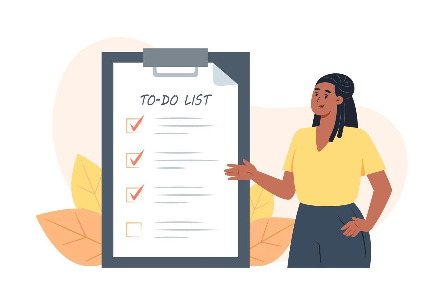 To-do list, young woman puts check marks in front of completed tasks vector