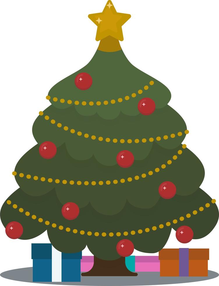 árbol de navidad decorado con cajas de regalo, estrella, luces, decoración vector