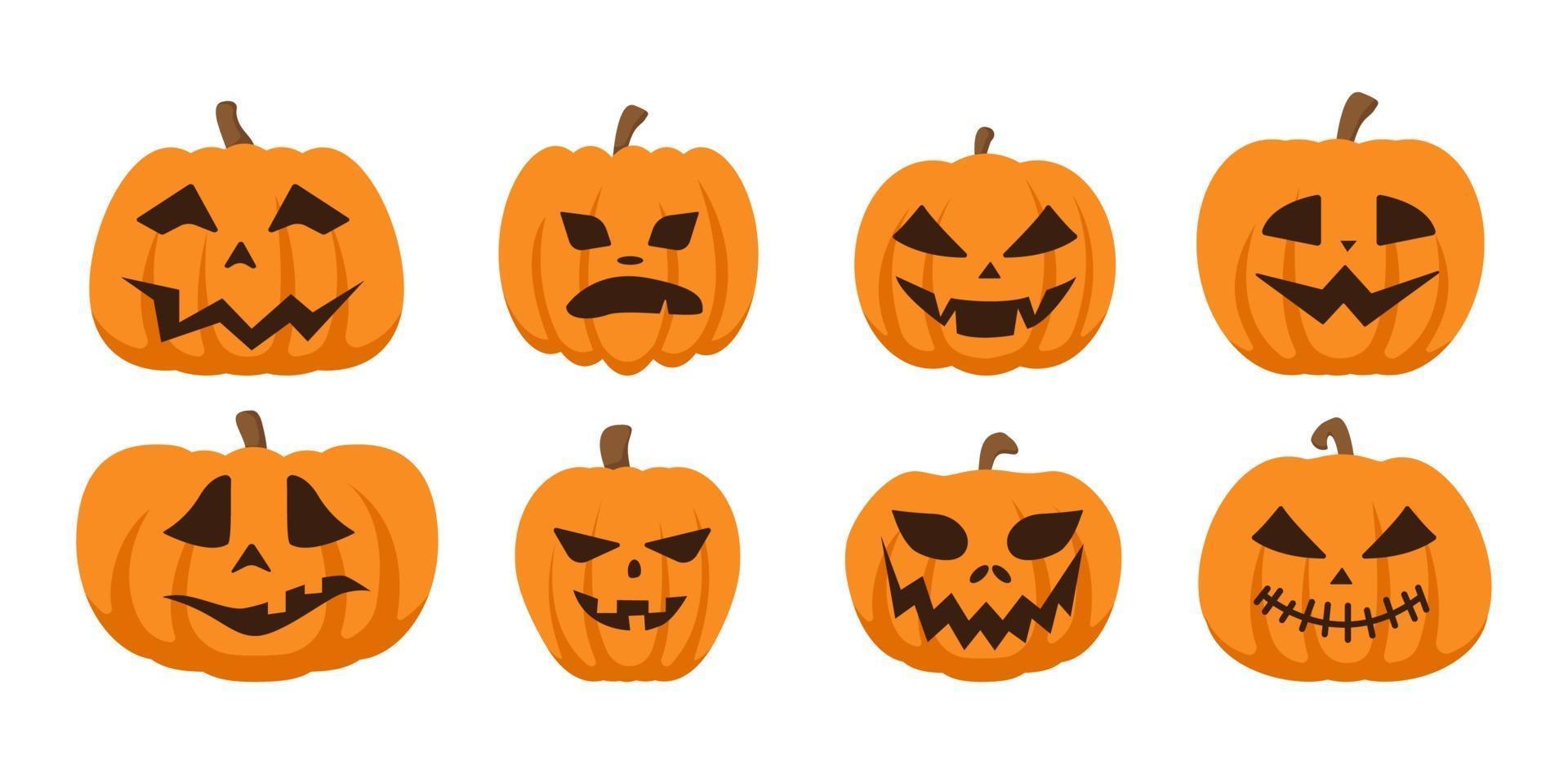 conjunto de calabazas con caras aterradoras sobre un fondo blanco. vector