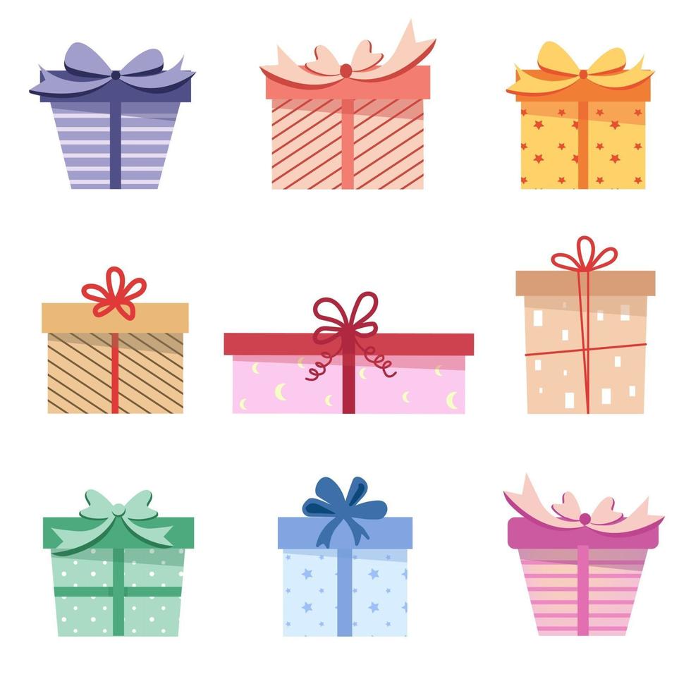 Christmas set of gifts, boxes with ribbons and cute pattern. vector