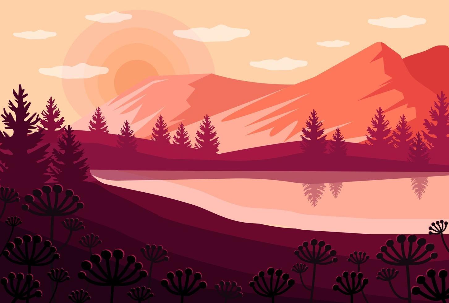 Vector cartoon sunset landscape with peach sky