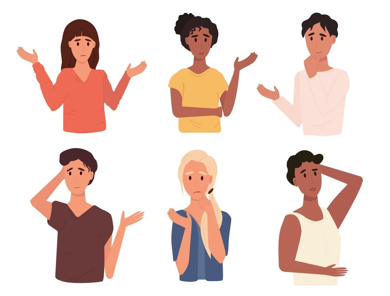 Set of different thoughtful people vector illustration.