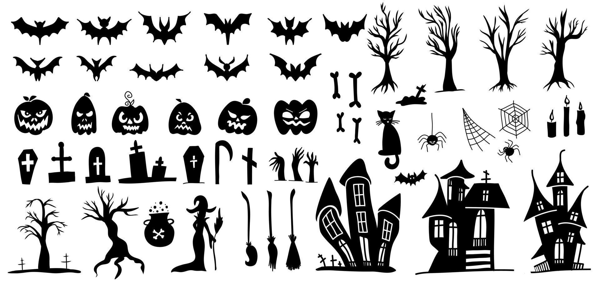 Set of silhouettes of Halloween doodle style vector. vector