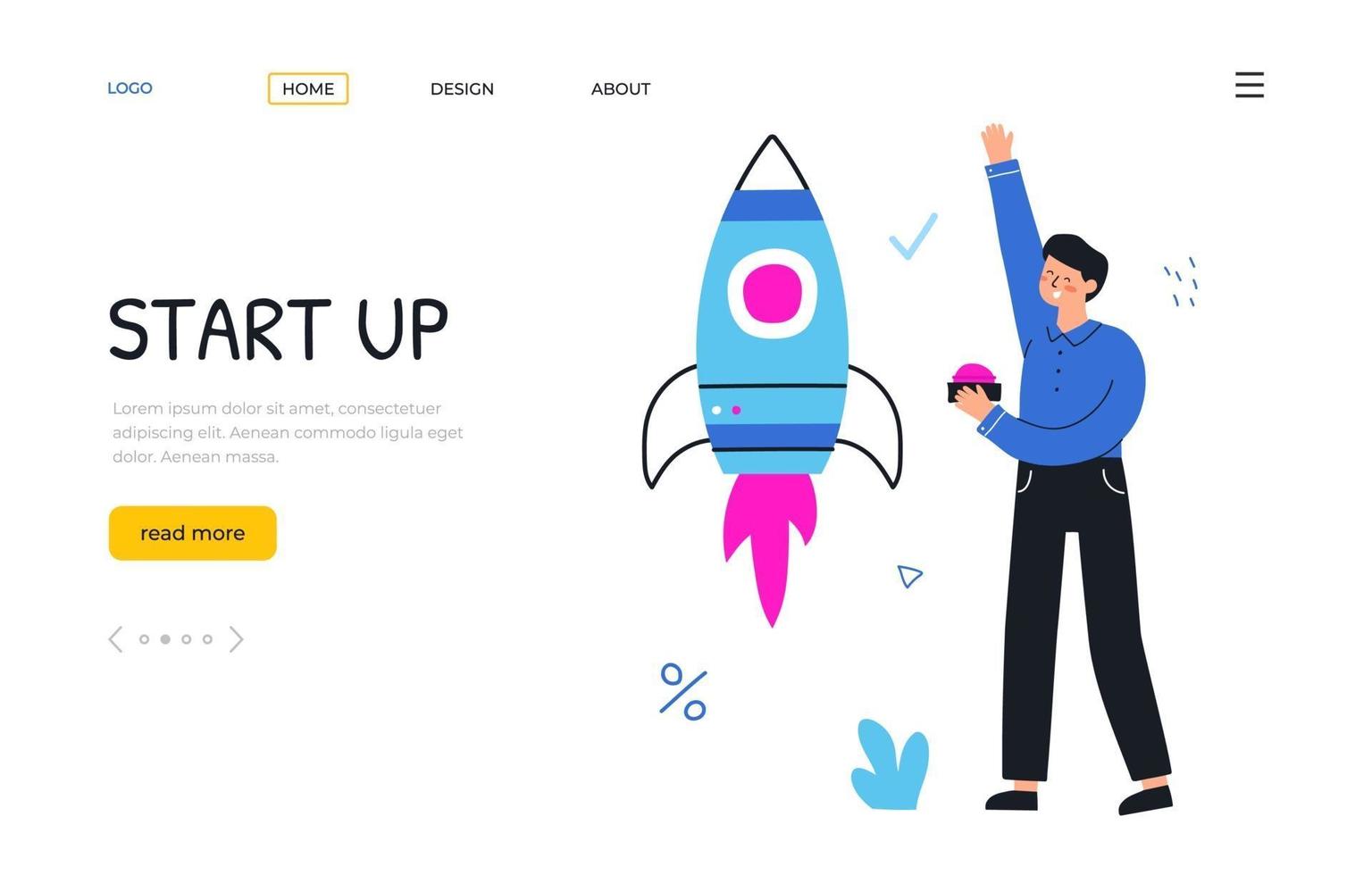 Start up new project. Businessman launches a rocket. Landing page. vector