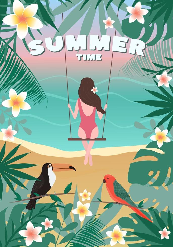 tarjeta de horario de verano con una niña en un columpio, paisaje de playa vector