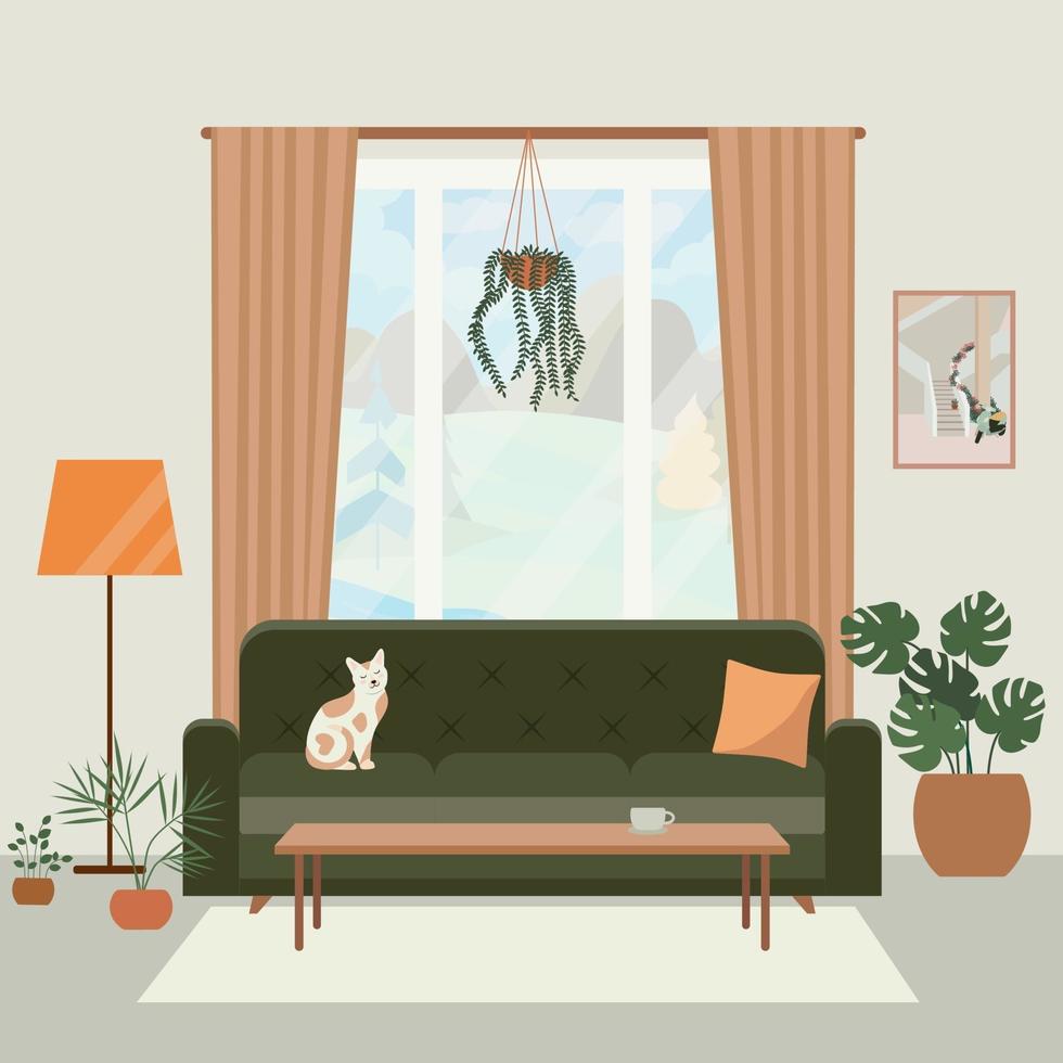 acogedor salón interior con sofá, ventana grande, gato y plantas vector