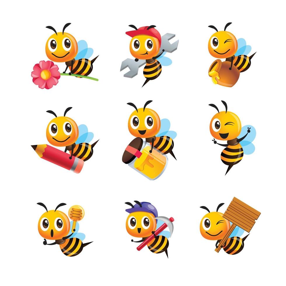 Collection set of cartoon cute bee in different poses vector
