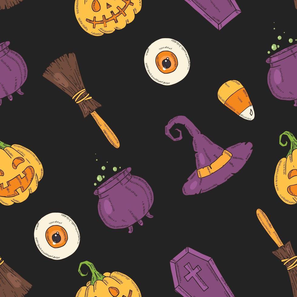 patrón con iconos de halloween calabaza, sombrero de bruja, escoba, dulces vector