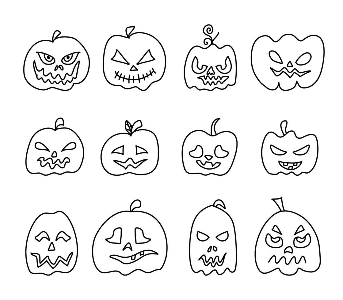 Doodle pumpkins with faces for halloween. vector