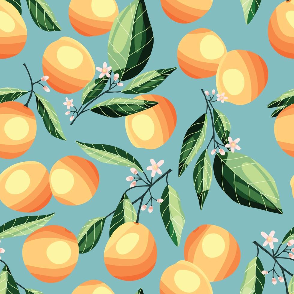 Peaches and apricots on tree branches, seamless pattern. vector