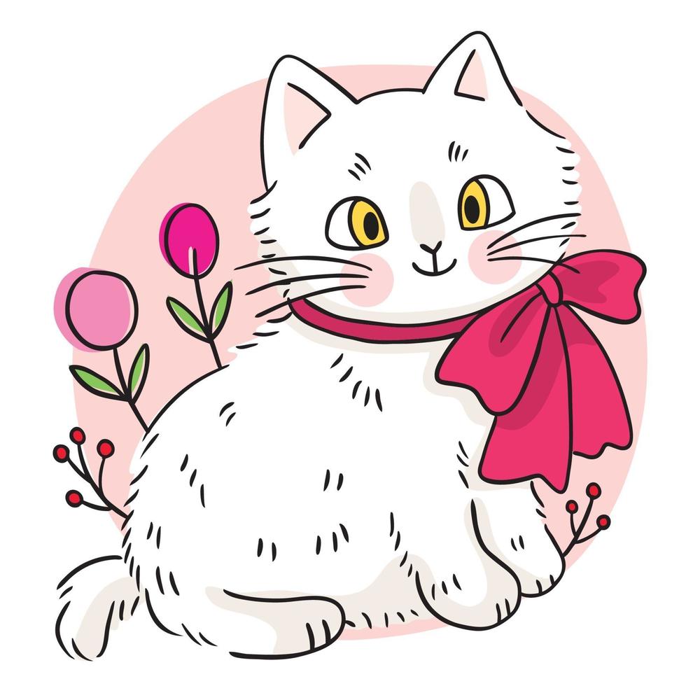 Hand draw cartoon cute white cat and sweet flower vector. vector