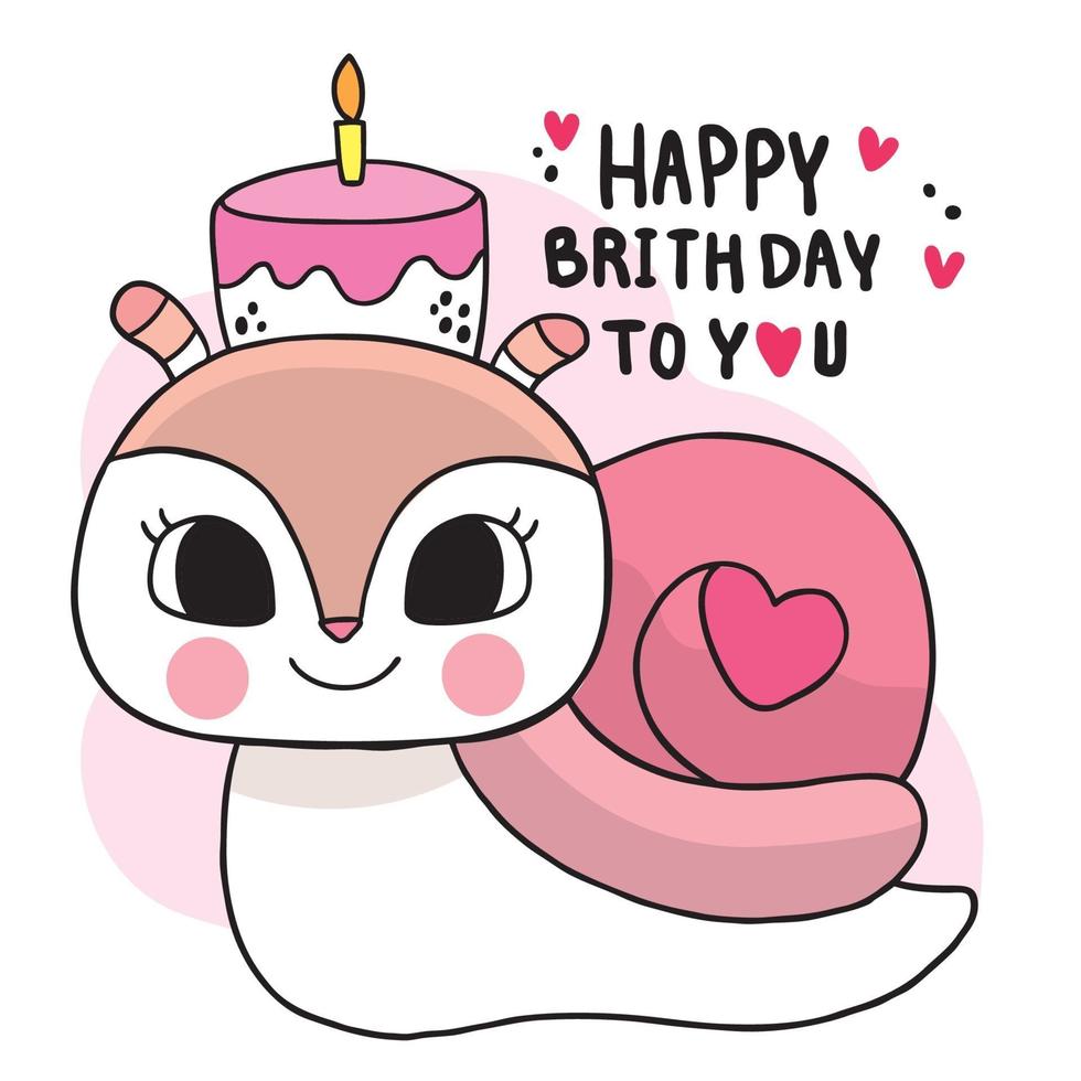 Hand draw cartoon cute snail and sweet cake, Happy birthday, Vecter vector
