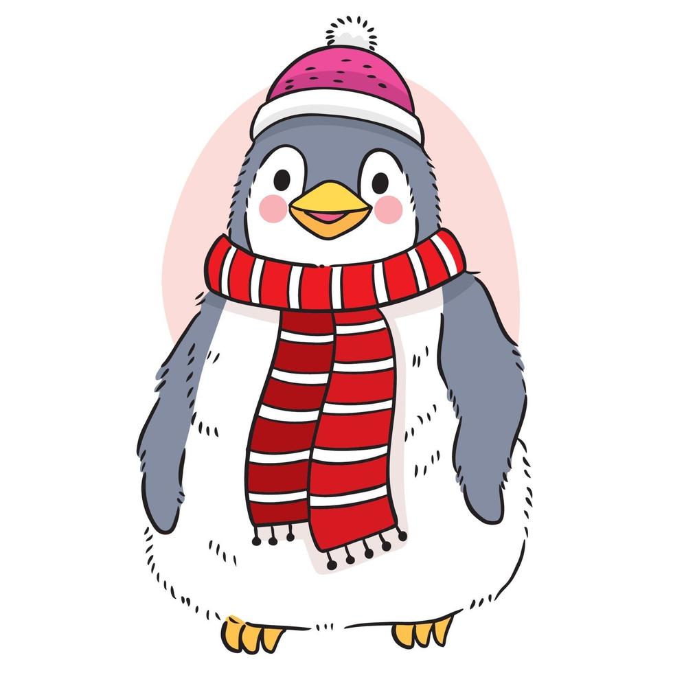 Dibujar a mano dibujos animados lindo pingüino con bufanda roja en vector de invierno.