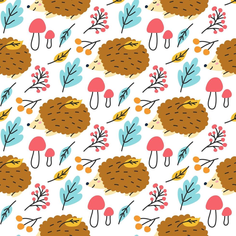 Cute hedgehog with leaves, mushrooms. Autumn vector seamless pattern