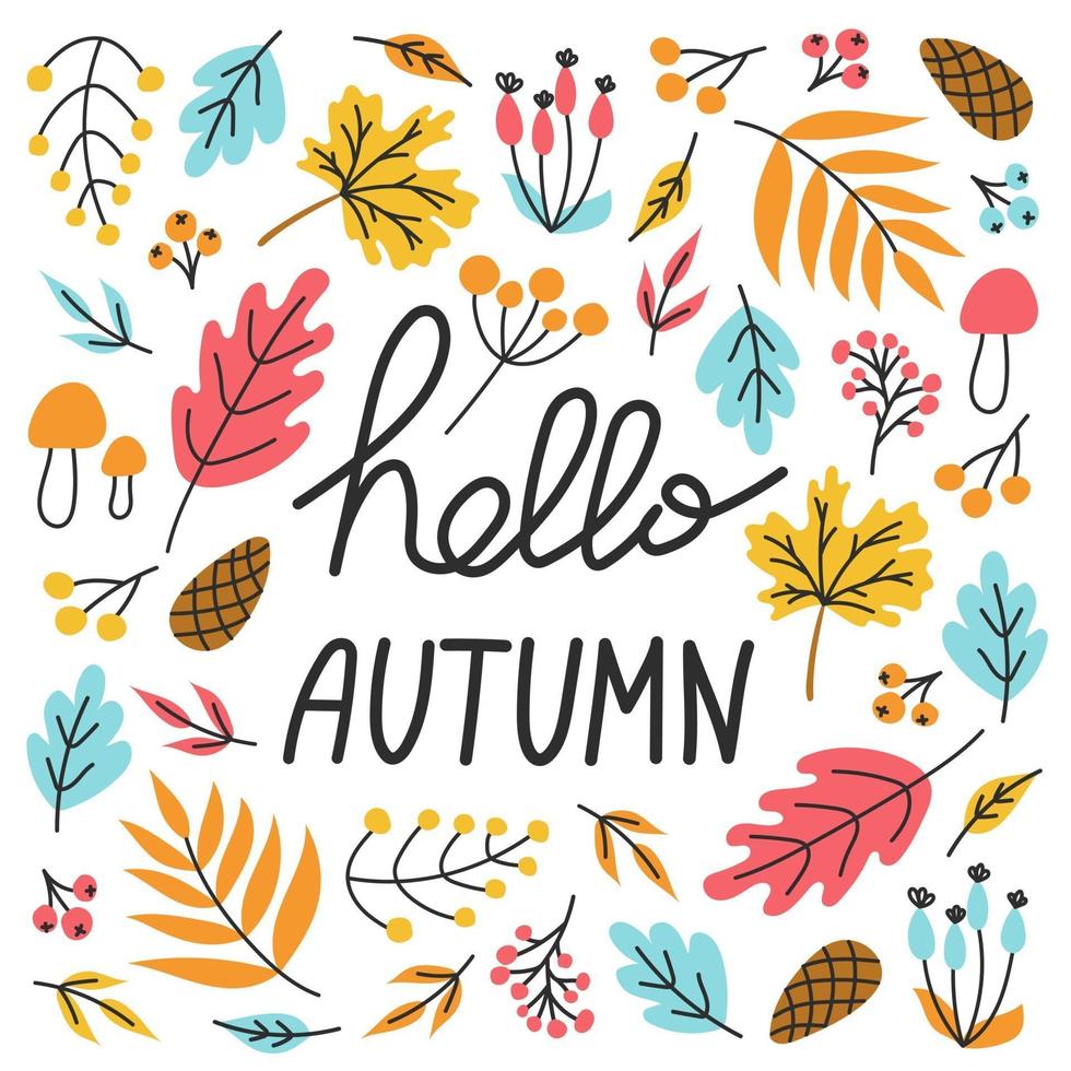 Set of bright plants and berries with hand lettering Hello autumn vector