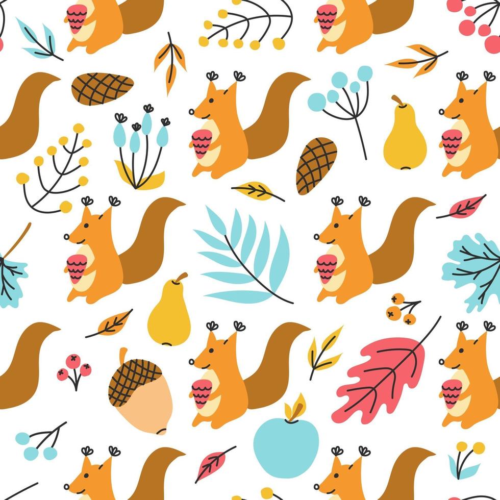 Squirrel with a fir cone and plants, leaves. Autumn vector  pattern