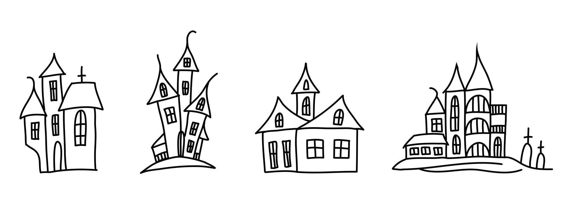 siluetas de casas aterradoras en estilo doodle. vector