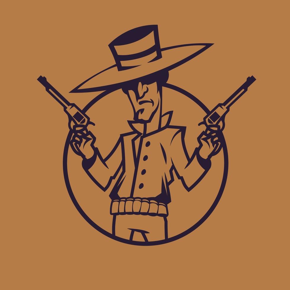Cowboy holding revolvers. Wild West concept art in monochrome style. vector