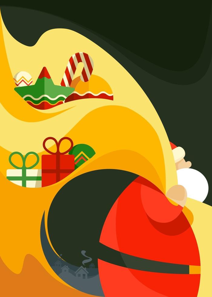 Poster with Santa Claus holding bag of toys. vector